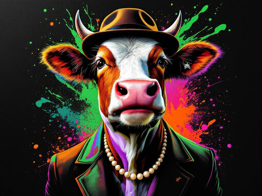 Vache pop art humanisée aux couleurs vives
