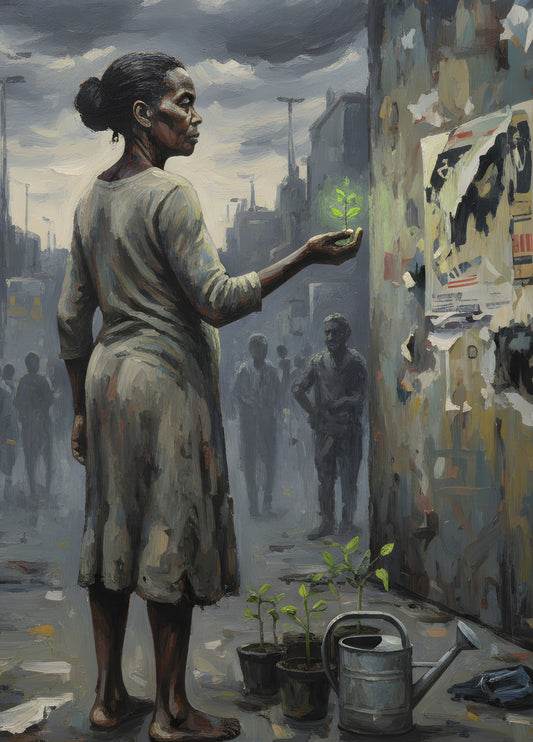 Figure tenant une jeune plante dans un décor urbain contemporain
