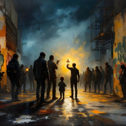 Tableau figuratif contemporain scène urbaine nocturne
