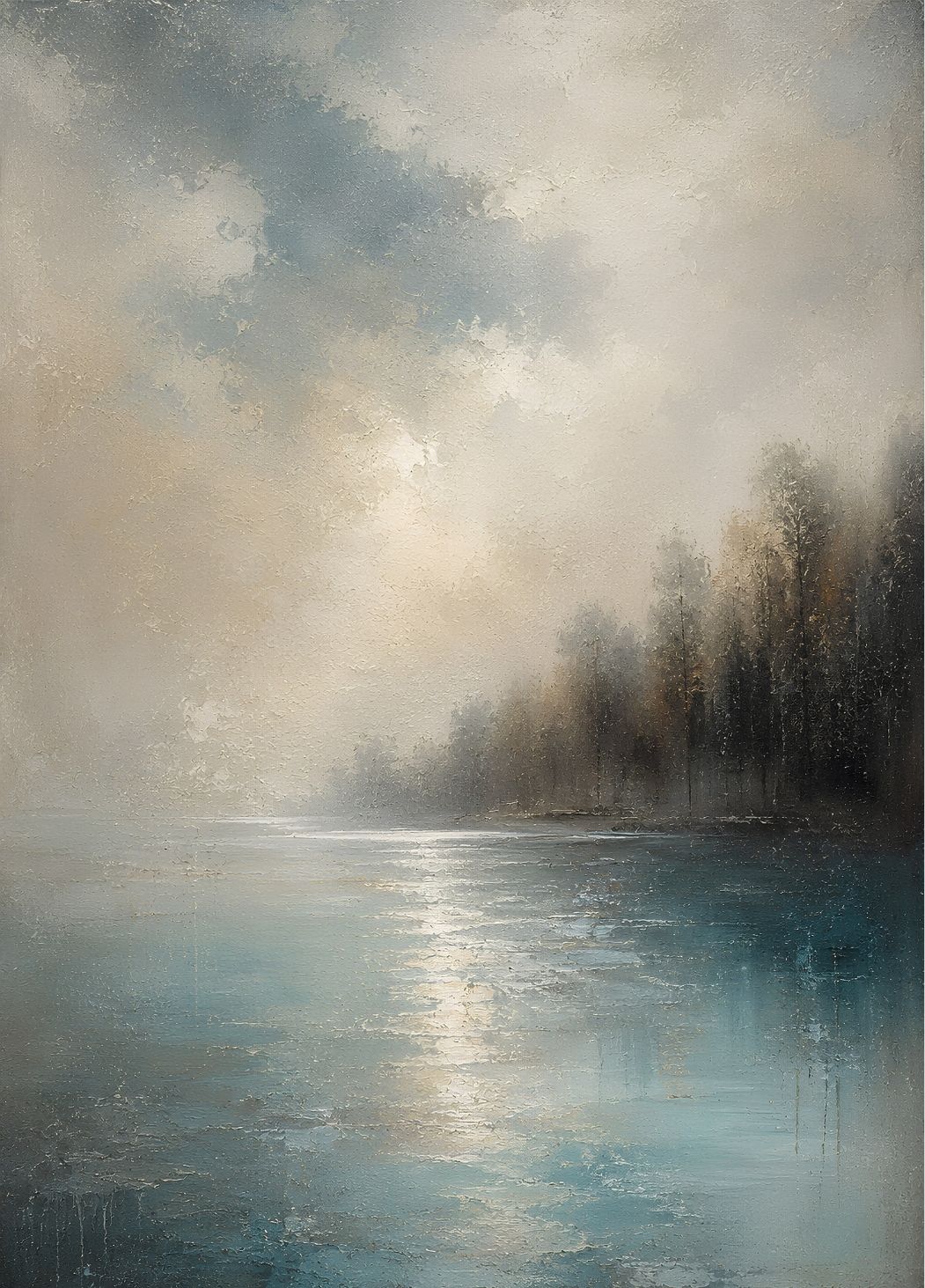Tableau paysage lac brumeux aux reflets bleu grisé avec forêt enveloppée de brouillard et lumière douce dans une ambiance naturelle
