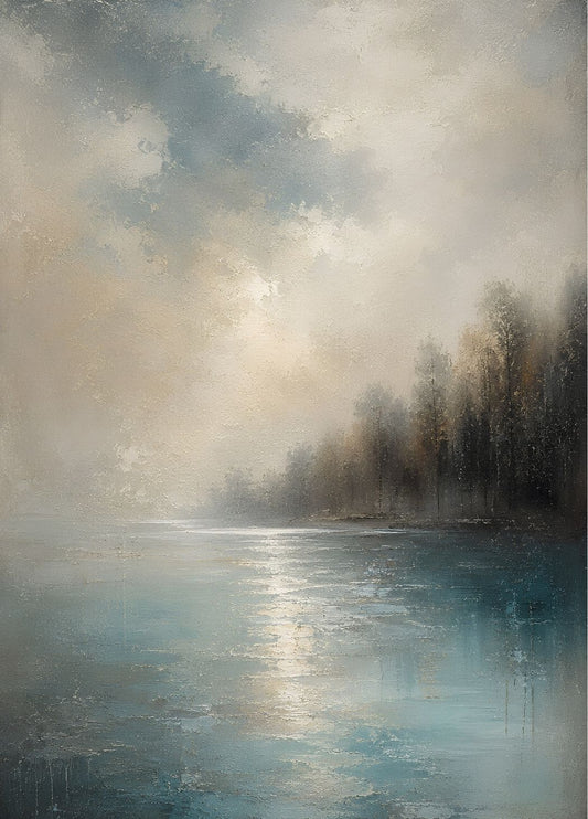 Tableau paysage lac brumeux aux reflets bleu grisé avec forêt enveloppée de brouillard et lumière douce dans une ambiance naturelle
