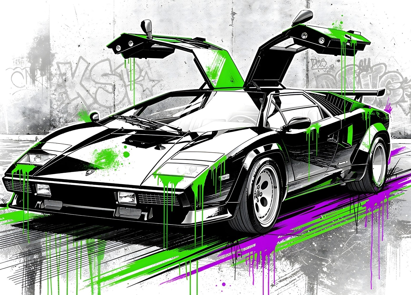 Lamborghini Countach noir blanc graffiti vert néon violet supercar street art portes ouvertes
