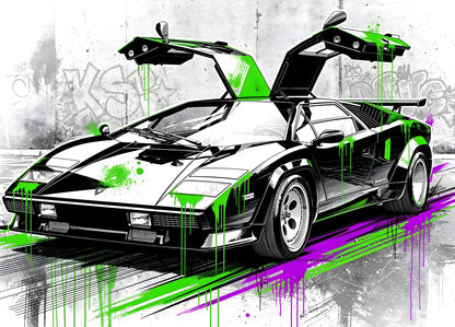 Lamborghini Countach noir blanc graffiti vert néon violet supercar street art portes ouvertes
