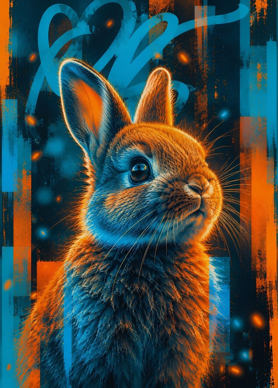 Portrait de lapin bleu et orange sur fond graphique urbain, création exclusive Iconik-Art
