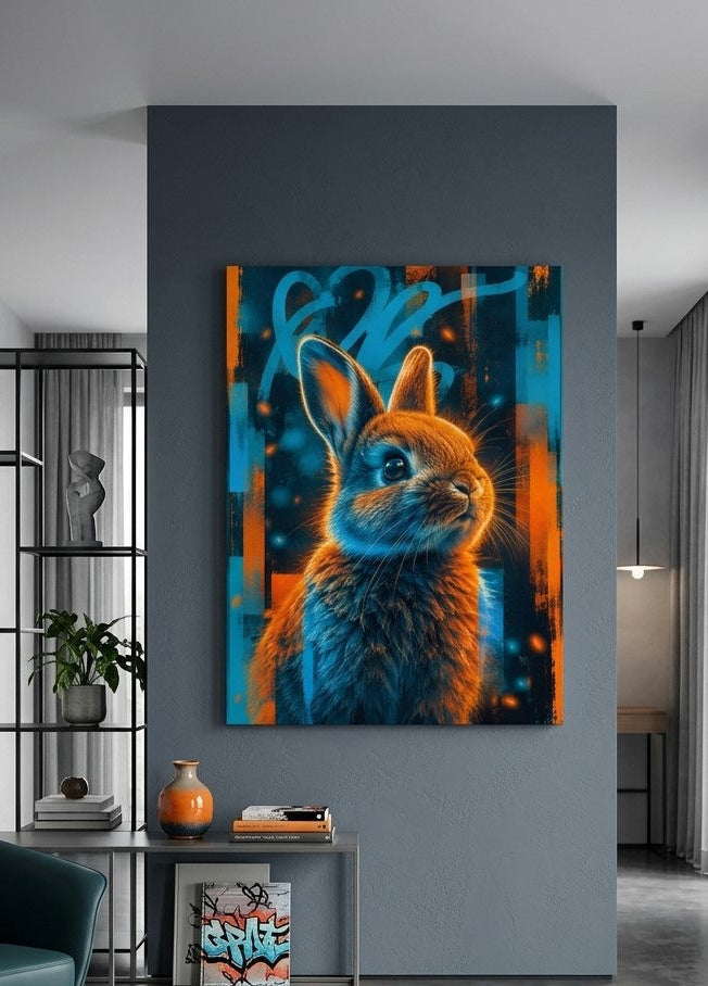 Tableau de lapin street art installé dans un salon contemporain aux accents bleu nuit et orange
