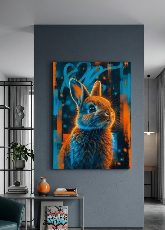Tableau de lapin street art installé dans un salon contemporain aux accents bleu nuit et orange
