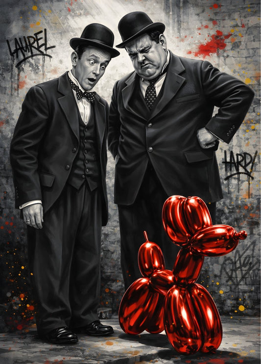 Tableau moderne Laurel et Hardy en noir et blanc observant un ballon rouge design dans un univers street art contemporain
