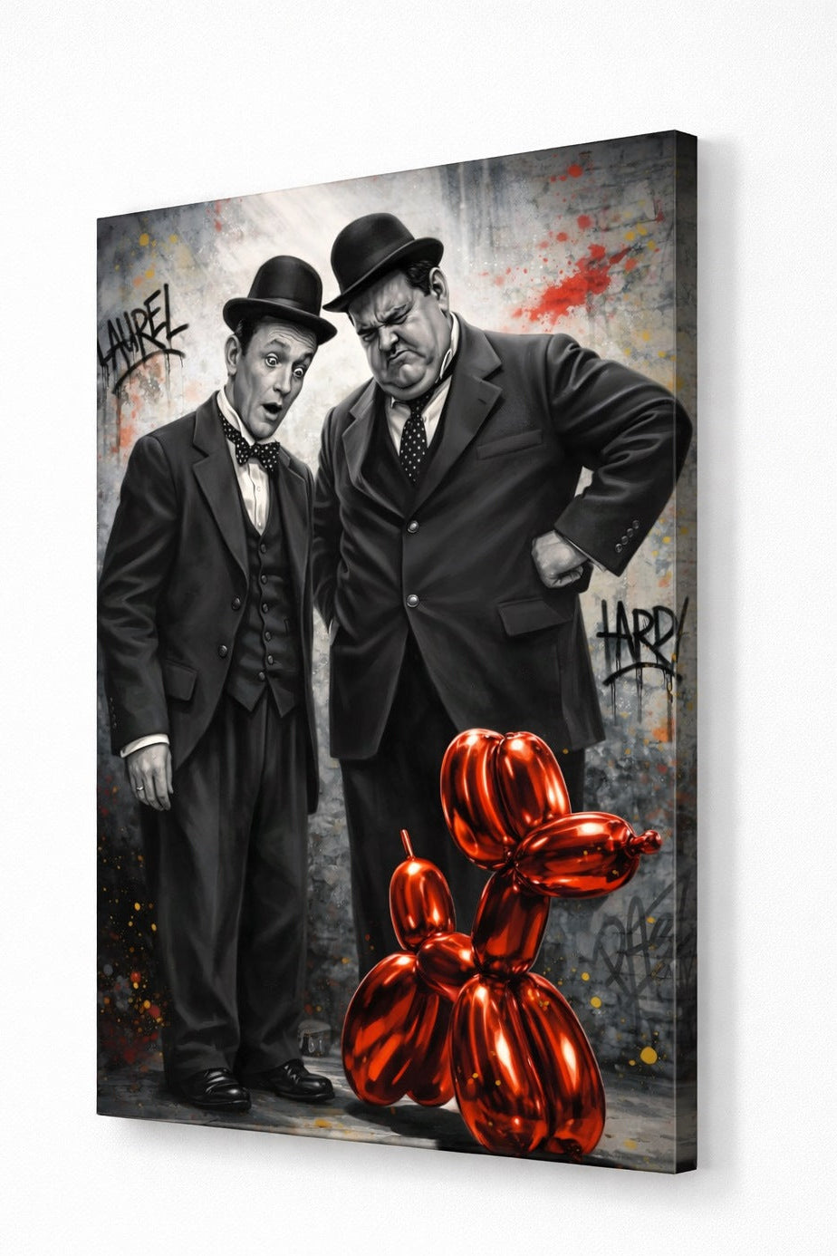 Détail du tableau Laurel et Hardy style street art avec textures murales et projections graphiques modernes
