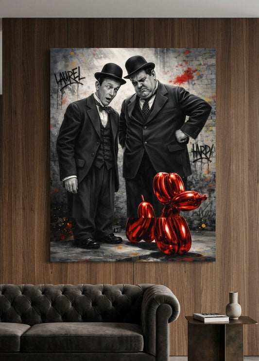 Tableau Laurel et Hardy ballon rouge intégré dans un salon moderne avec décoration murale design contemporaine
