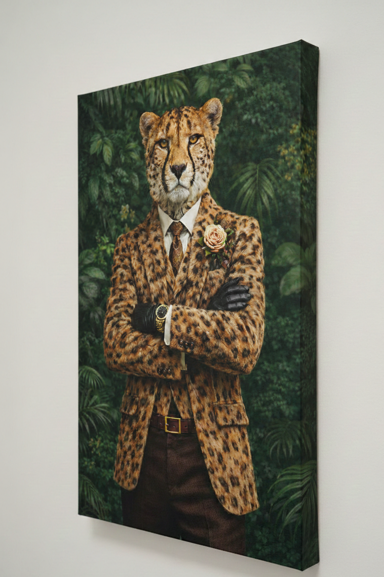 Animal revisité au style aristocratique avec manteau léopard et accessoires raffinés
