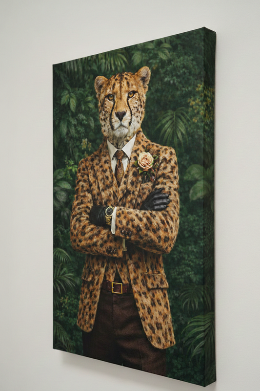 Animal revisité au style aristocratique avec manteau léopard et accessoires raffinés
