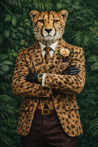 Portrait d’un guépard humanisé élégant en costume chic dans un décor végétal
