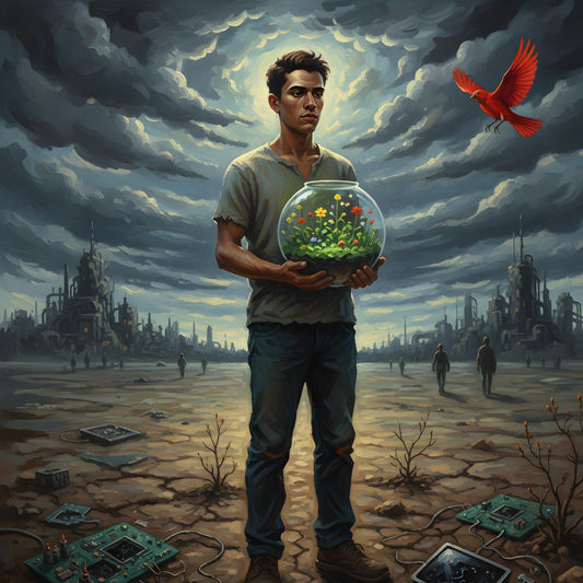 Tableau moderne figuratif jeune homme terrarium paysage dystopique art contemporain
