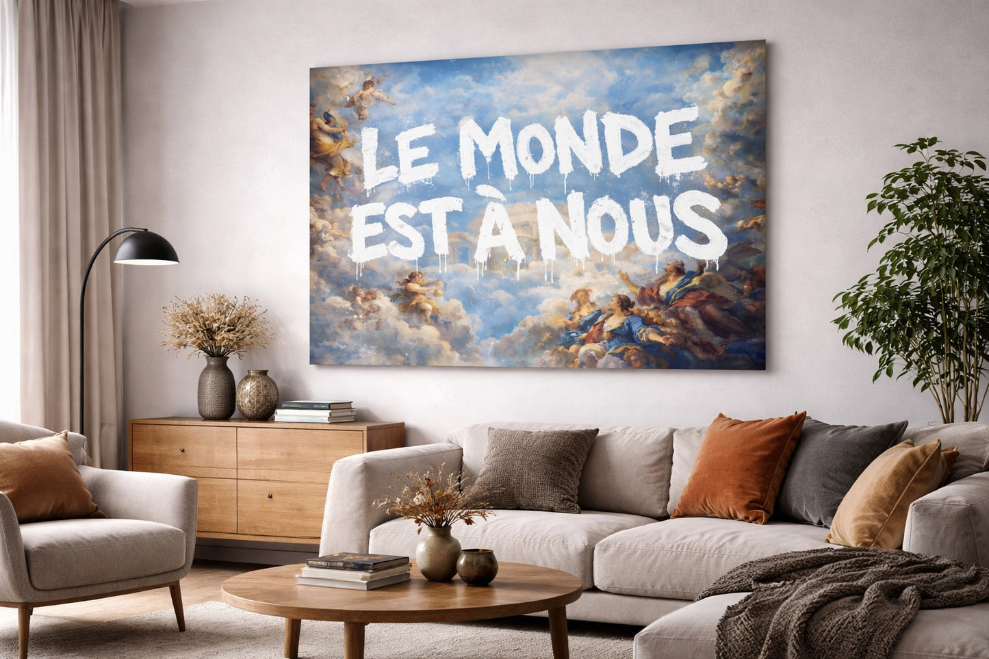 Tableau Le Monde est à nous accroché dans salon moderne décoration murale artistique contemporaine
