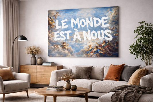 Tableau Le Monde est à nous accroché dans salon moderne décoration murale artistique contemporaine
