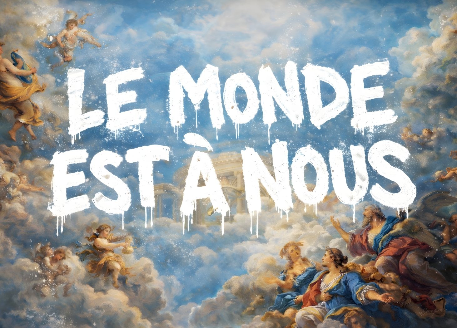 Tableau Le Monde est à nous graffiti blanc sur peinture classique ciel nuages style street art contemporain
