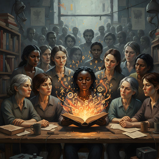 Scene collective autour d’un livre lumineux dans un espace d’étude contemporain
