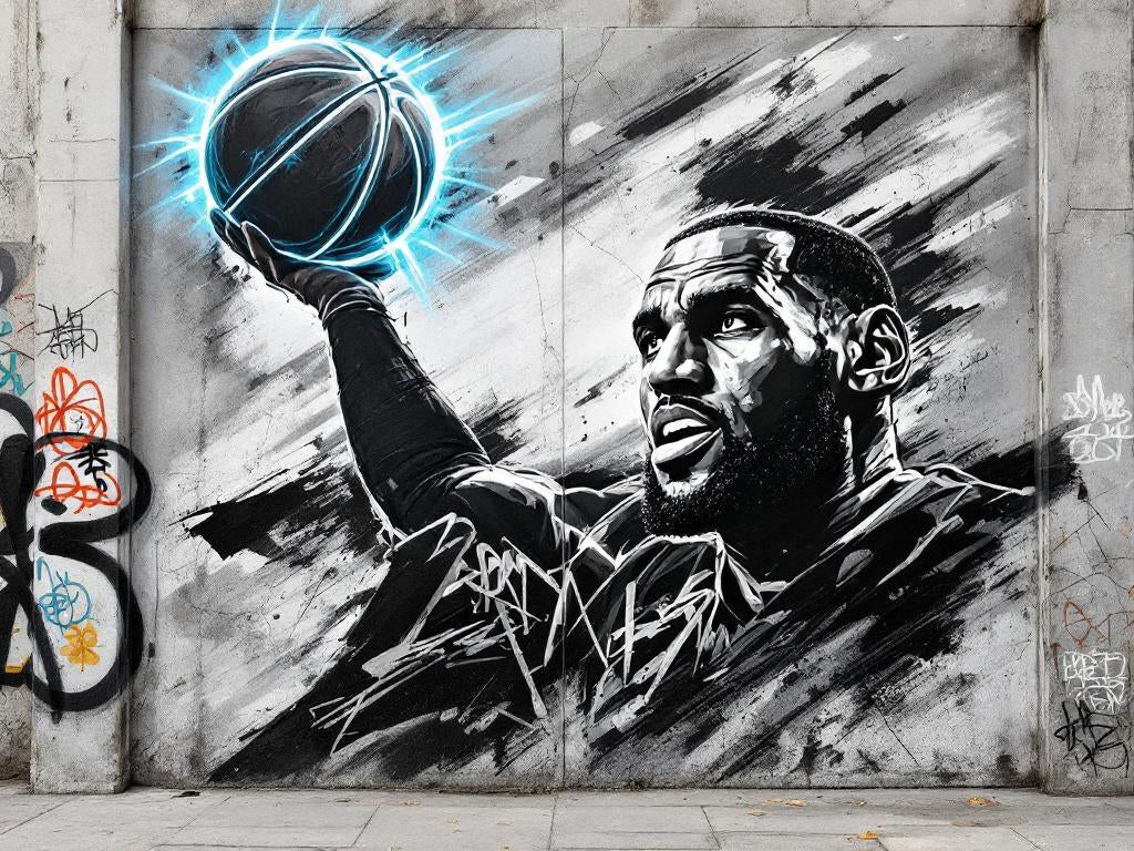 Tableau street art LeBron James – Légende Urbaine : portrait de LeBron James avec un ballon lumineux, création exclusive Iconik-Art.