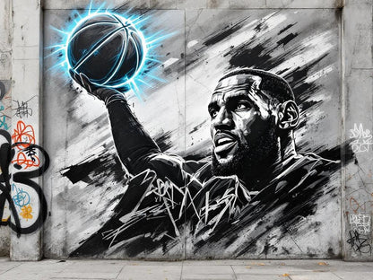 Tableau street art LeBron James – Légende Urbaine : portrait de LeBron James avec un ballon lumineux, création exclusive Iconik-Art.