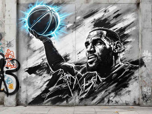 Tableau street art LeBron James – Légende Urbaine : portrait de LeBron James avec un ballon lumineux, création exclusive Iconik-Art.