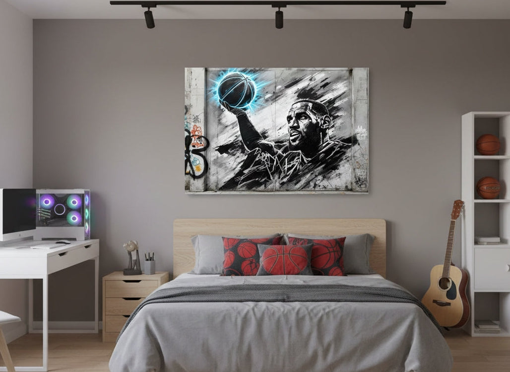 Tableau street art LeBron James – Légende Urbaine accroché dans un salon moderne, décoration murale dynamique avec portrait de LeBron James, ambiance urbaine et inspirante.