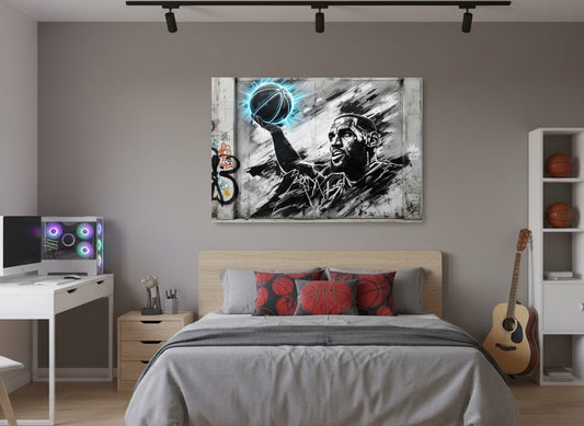 Tableau street art LeBron James – Légende Urbaine accroché dans un salon moderne, décoration murale dynamique avec portrait de LeBron James, ambiance urbaine et inspirante.