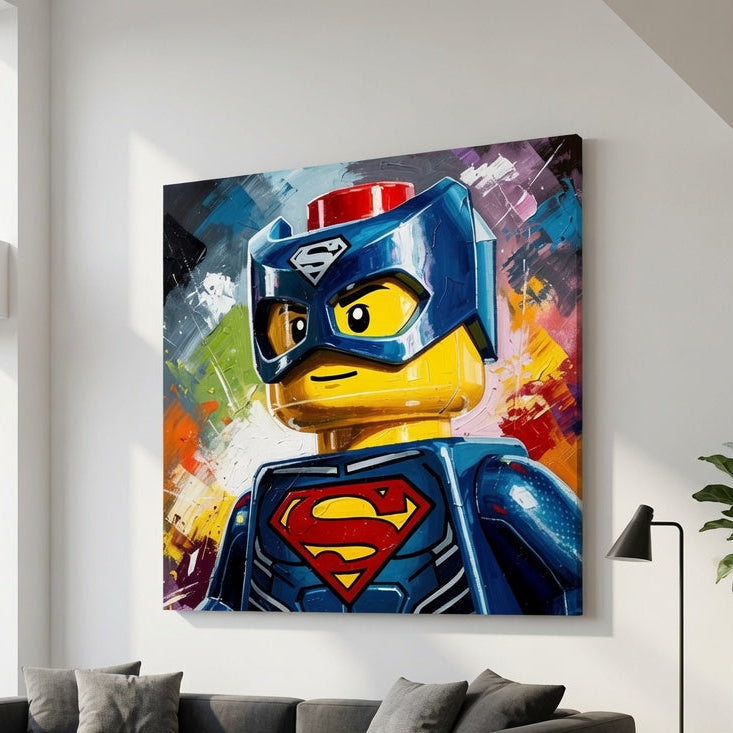 Tableau Lego Superman installé dans une chambre d'enfant moderne ambiance comics création exclusive Iconik-Art
