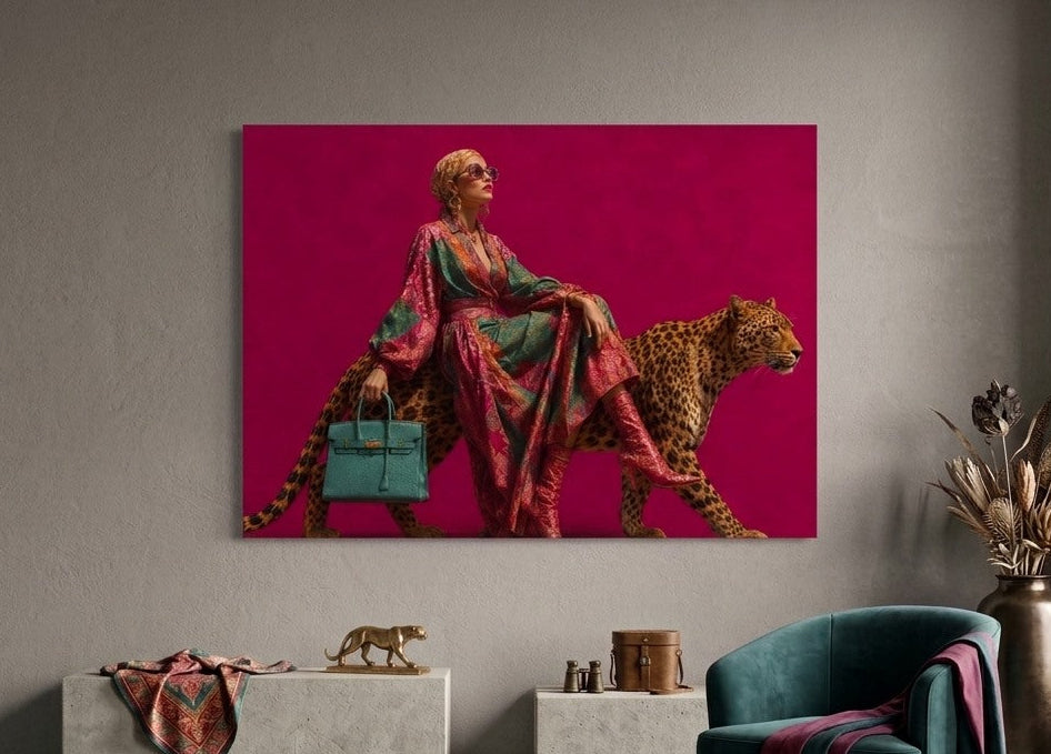 Tableau femme avec léopard, lunettes, bijoux et accessoires de mode sur fond rose fuchsia pour une décoration murale originale
