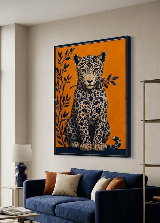 Tableau léopard fleuri bleu dans un salon élégant apportant une décoration murale raffinée création exclusive Iconik-Art
