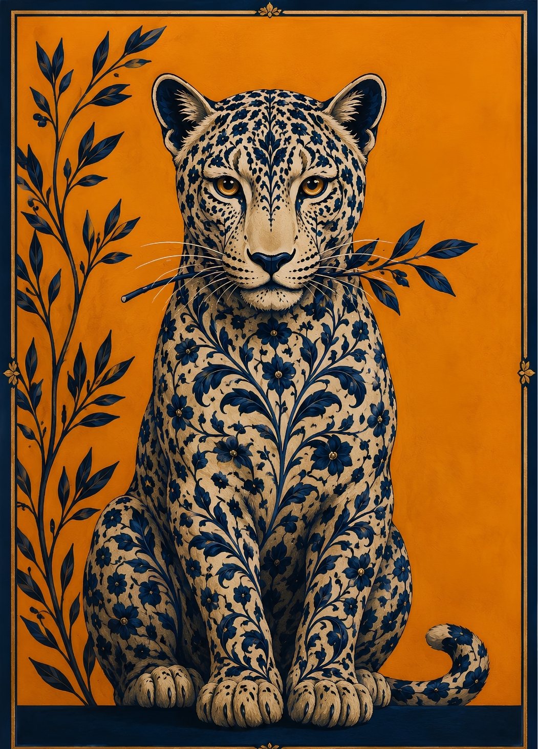 Tableau représentant un léopard orné de motifs floraux bleus sur fond ocre création exclusive Iconik-Art
