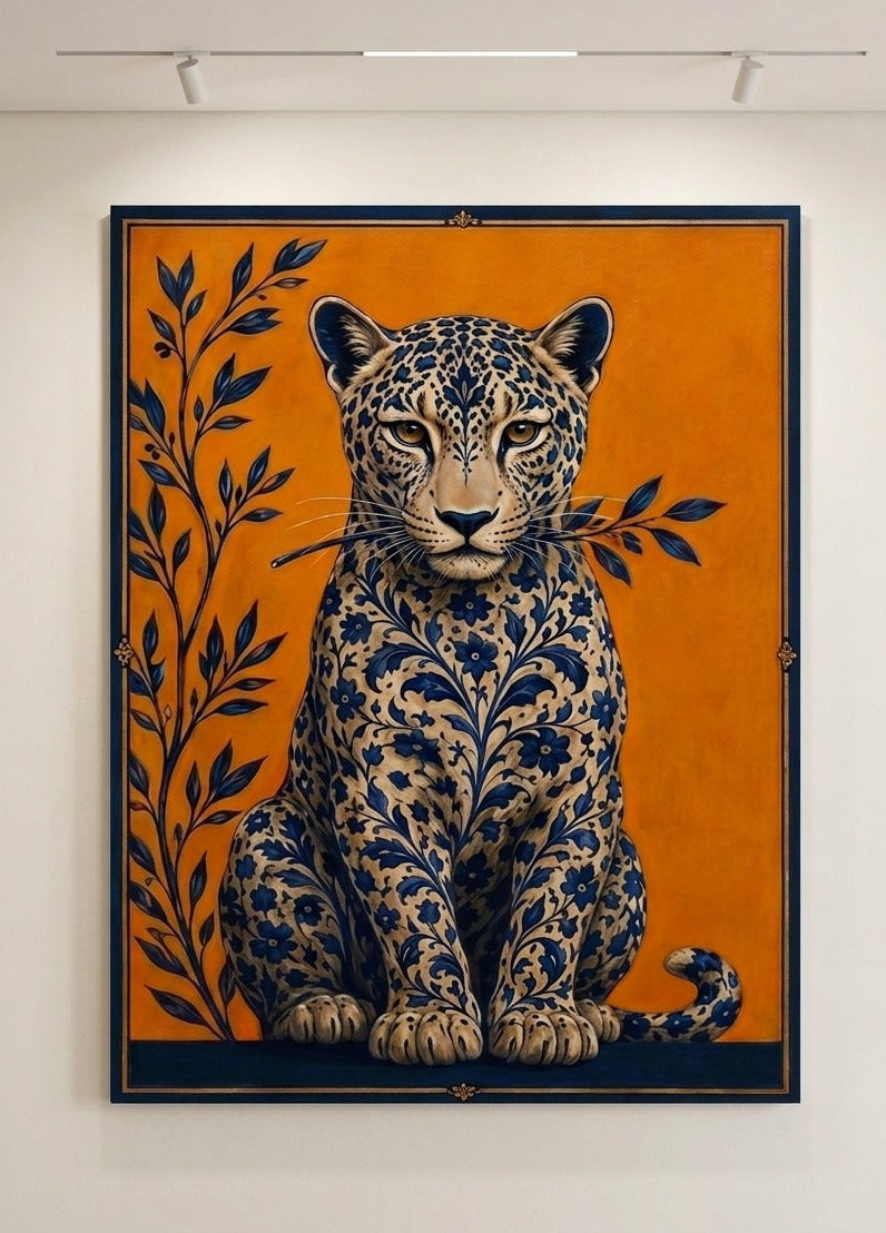 Vue de profil du tableau léopard fleuri révélant la finesse des motifs floraux et la qualité d'impression premium
