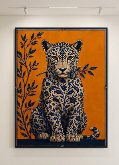 Vue de profil du tableau léopard fleuri révélant la finesse des motifs floraux et la qualité d'impression premium
