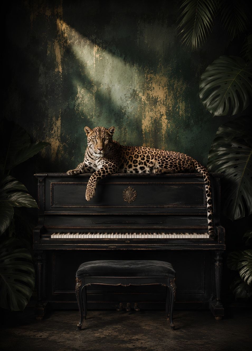 Tableau léopard sur piano noir dans un décor jungle chic aux verts profonds, avec végétation tropicale et lumière théâtrale
