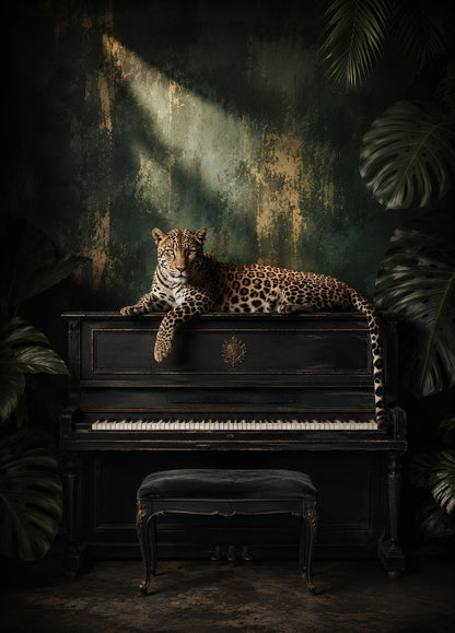 Tableau léopard sur piano noir dans un décor jungle chic aux verts profonds, avec végétation tropicale et lumière théâtrale
