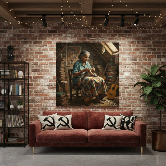 Ambiance intérieure chaleureuse avec livres et instruments évoquant le temps et l’héritage
