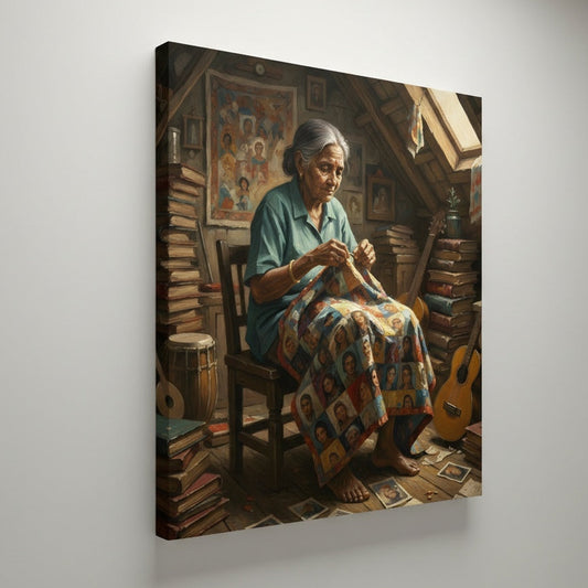 Détail du tissu composé de portraits symbolisant la mémoire collective
