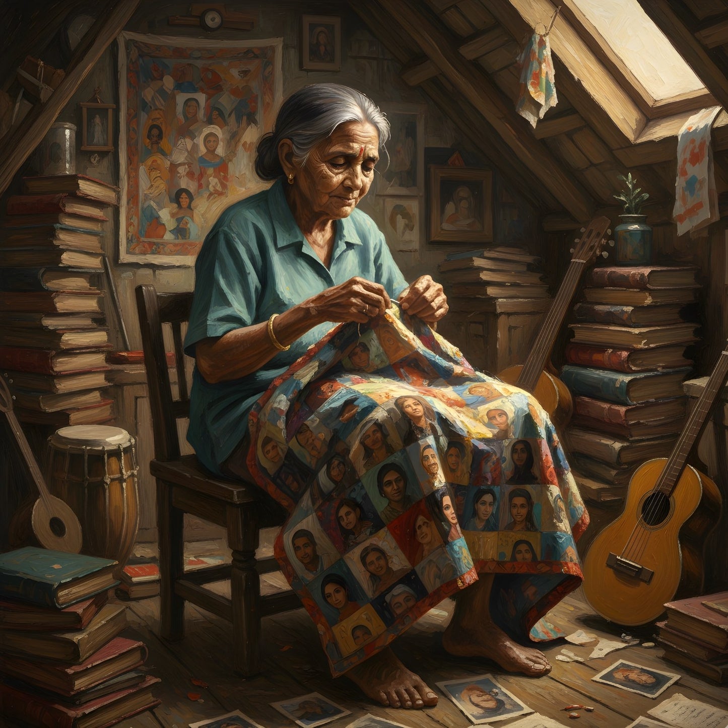 Femme âgée cousant un patchwork de visages dans un intérieur intime
