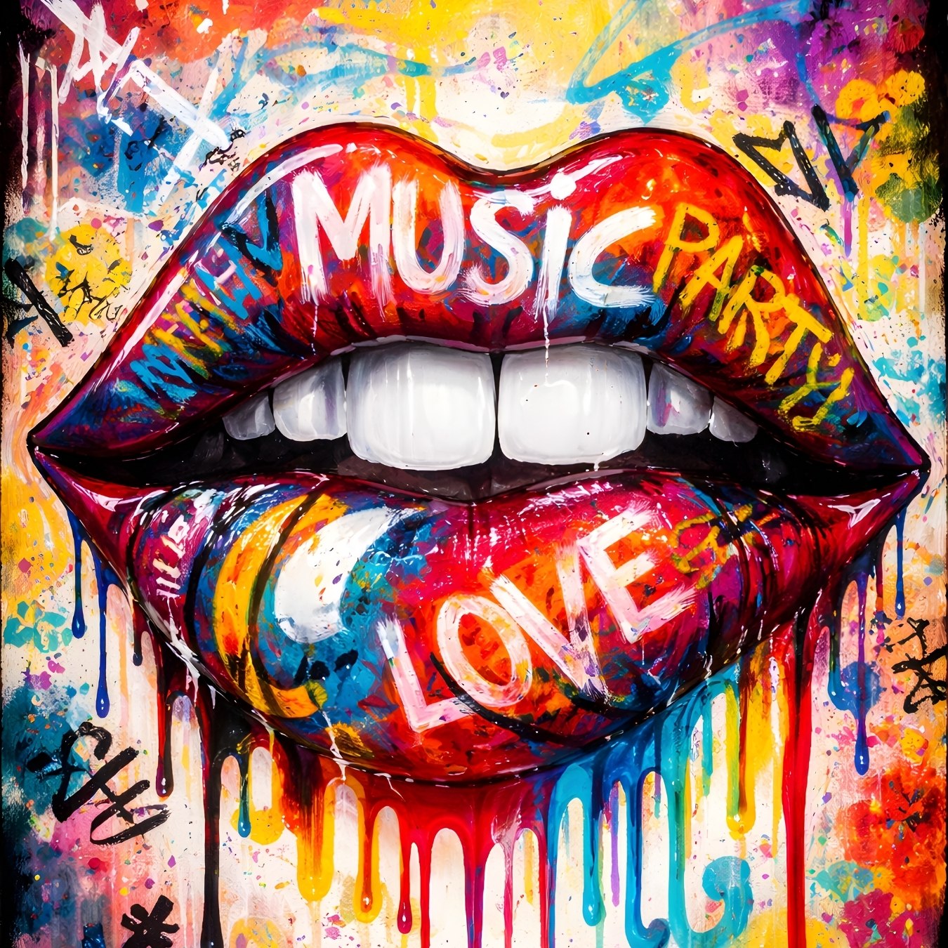 Lèvres rouges pop art graffiti mots music love couleurs peinture coulures street art
