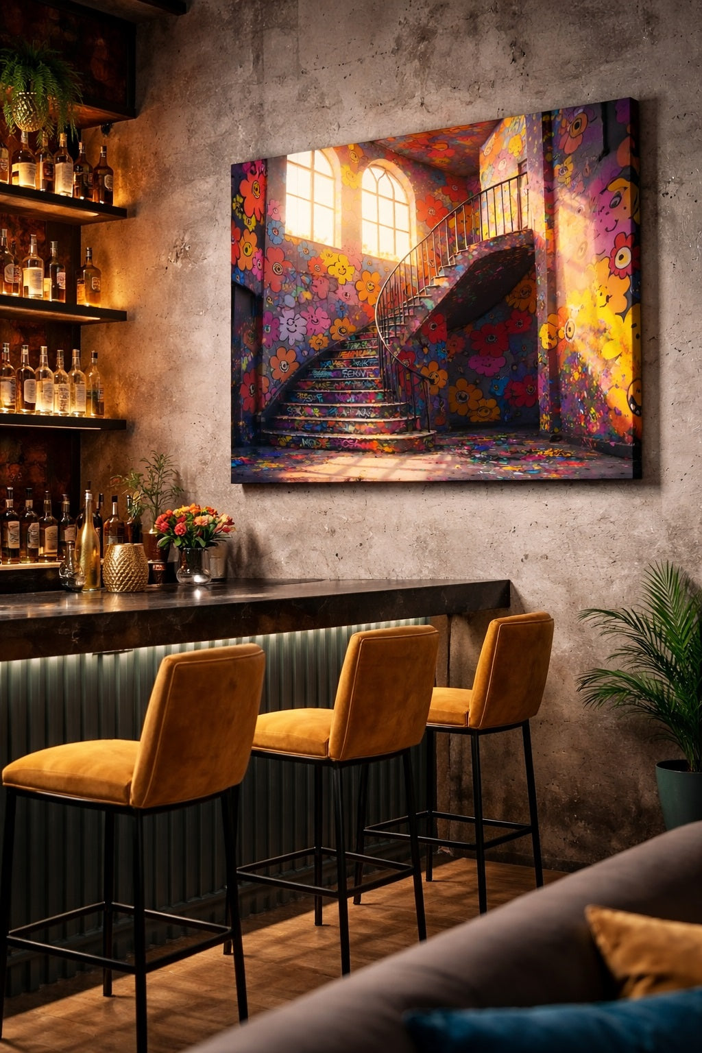 tableau immersif pop art contemporain dans un bar
