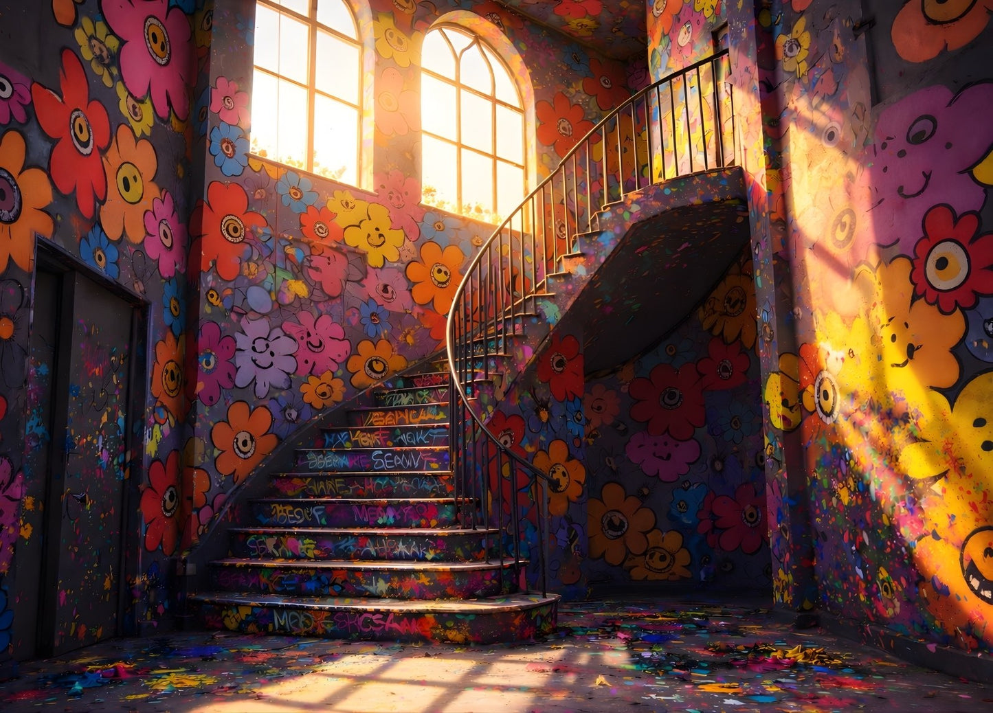 Escalier artistique pop art aux fleurs souriantes
