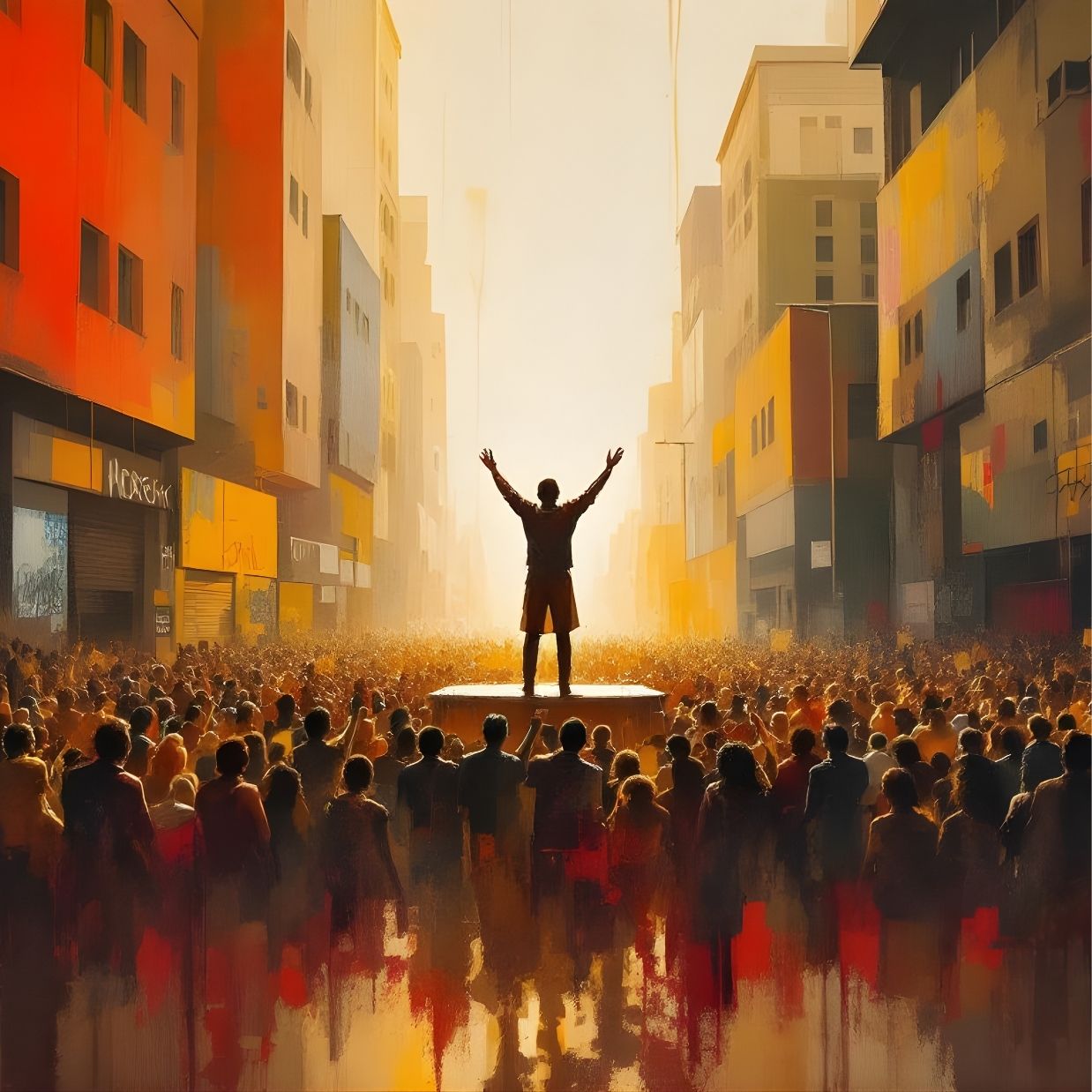 Tableau figuratif contemporain avec foule et personnage central
