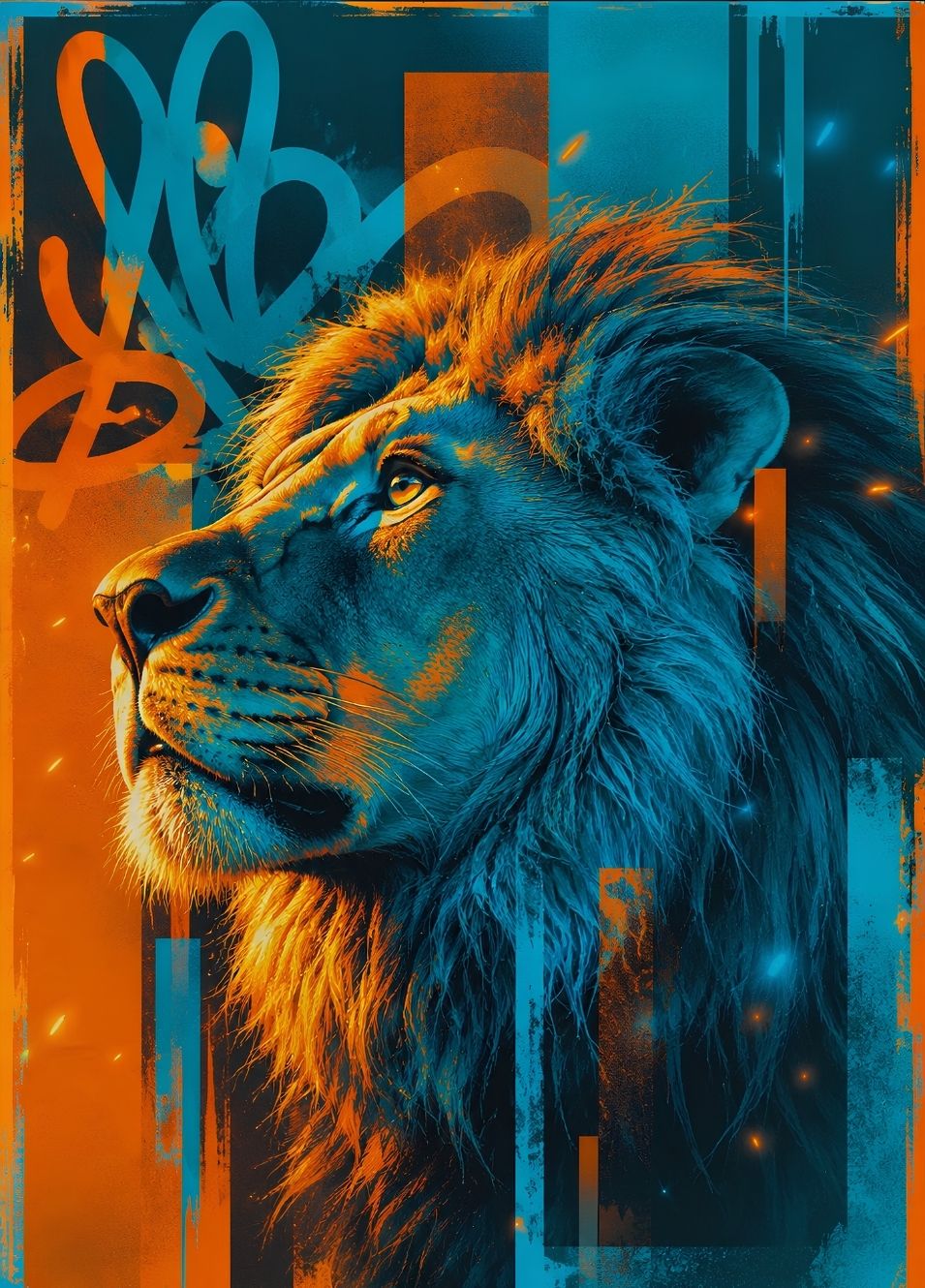 lion street art bleu orange portrait contemporain
