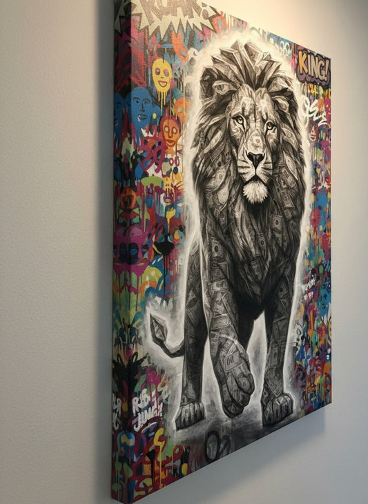 Tableau lion animal revisité fond graffiti urbain
