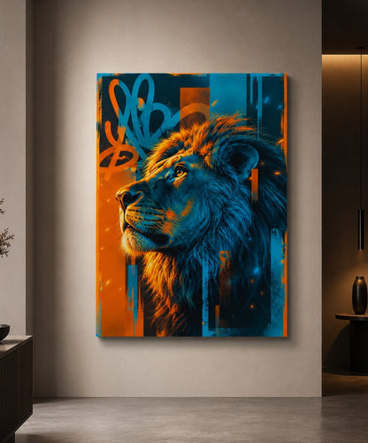 Tableau lion street art dans un salon contemporain

