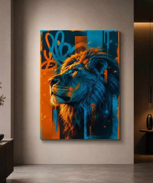 Tableau lion street art dans un salon contemporain
