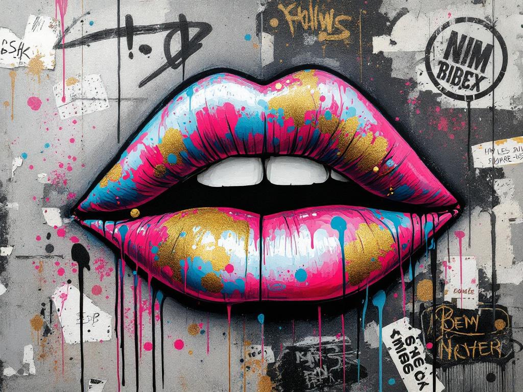 lèvres iconiques peintes sur un tableau en style street art contemporain