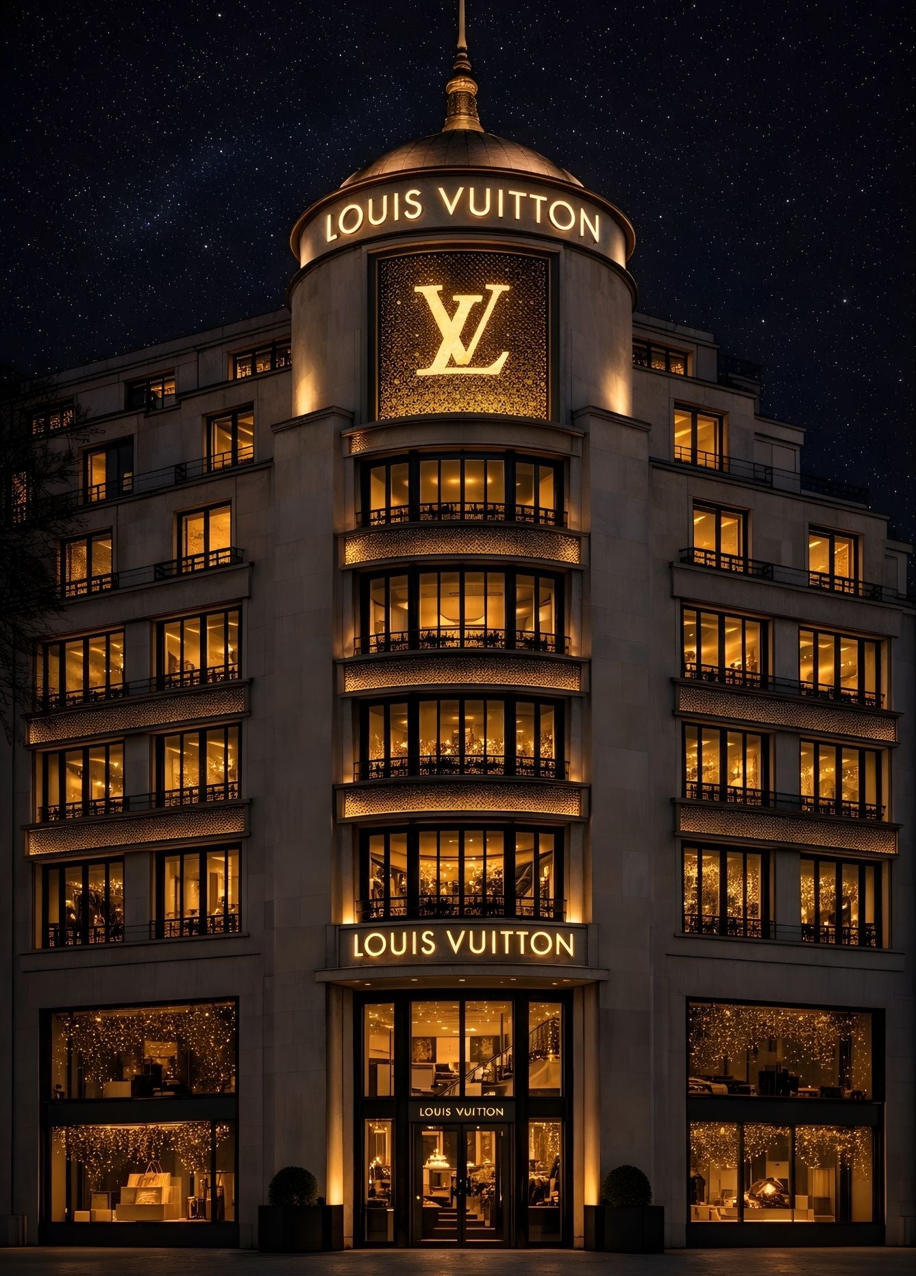 Tableau façade Louis Vuitton illuminée
