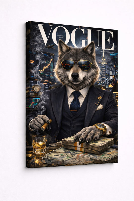 Tableau animal revisité loup trader cigare argent style pop art contemporain
