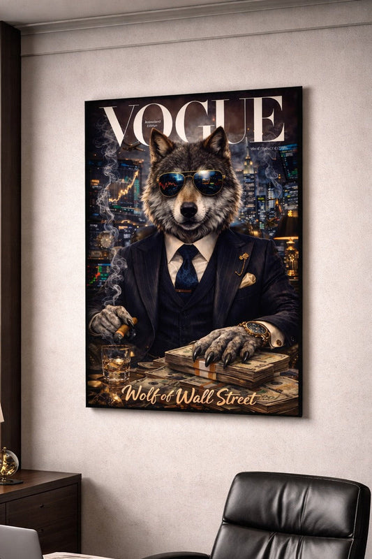 Tableau mural loup costume finance style magazine pour salon contemporain
