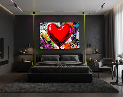 Tableau pop art cœur rouge en situation décorative

